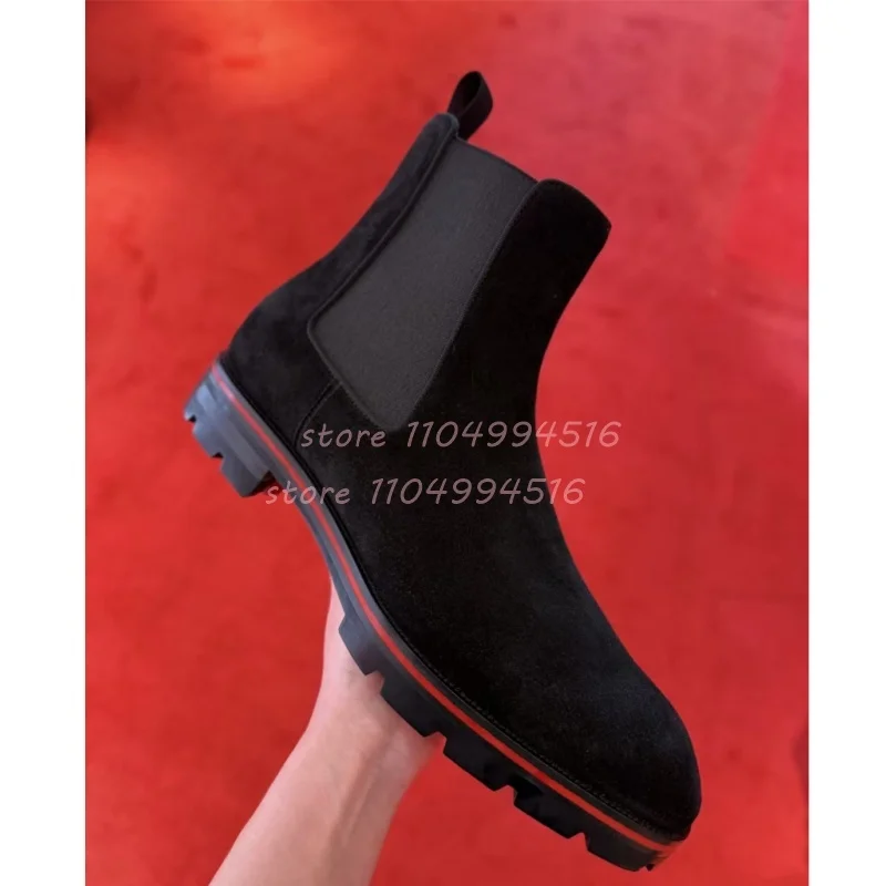 

Men's Black Suede Slip On Ankle Boots Leather Round Toe Low Heels Elastic Short Boots Fashion Luxury Business Formal Men Shoes