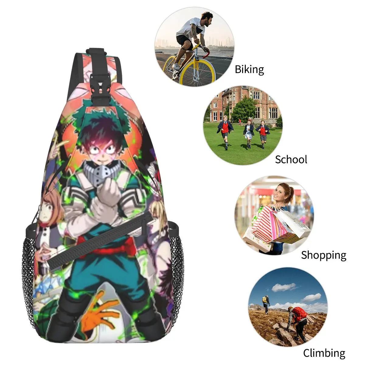 My Hero Academia-bandolera pequeña para el pecho, mochila de hombro, mochila de viaje, senderismo, mochila con patrón de Manga