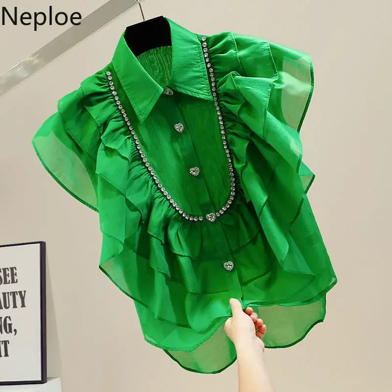 Neploe Diamond Chain Ruffle Panel Irregular Blouses Femme Love Single Breasted Organza Sleeveless Blusa Micro-Penetration Shirt