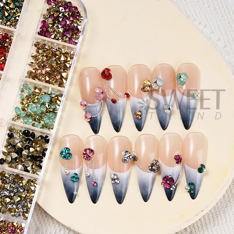 12 Grids Colorful Pointed Bottom Nails Art Rhinestones 3D Crystal Glitter Gems Rivet Nail Supplies Manicure Decor Accessories