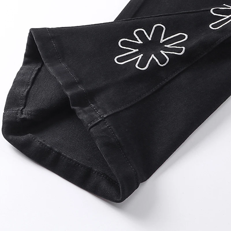 Pantalones vaqueros elásticos micro acampanados para hombre, ropa informal vaquera de retazos, moda de gran tamaño, bordado ahuecado, flor, JEANS SHDWS LOST