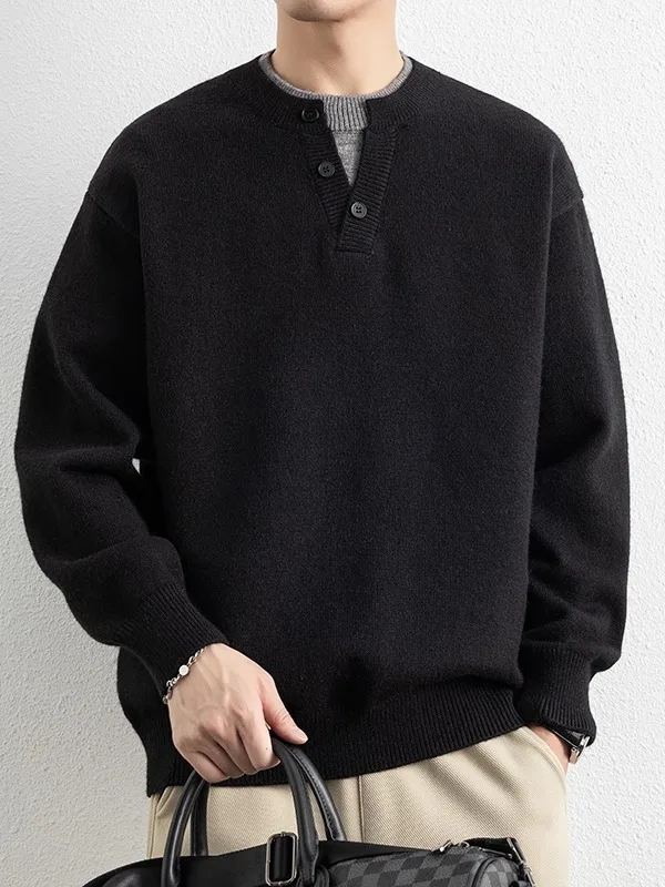 

Casual Loose Long Sve round Ne Knitted Sweater Men's Autumn Winter New Sle Pure Color Knitwear Comfortable Inner Wear