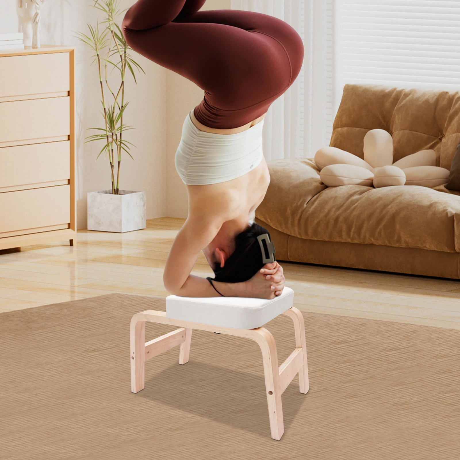 Yoga-Kopfstützenhocker mit 440 LBS Tragkraft, Inversionsstuhl mit PU-Polsterung aus Massivholz, Rutschfeste Kopfstützenbank für Inversionsübungen zu Hause, im Fitnessraum oder im Studio – Detail 10