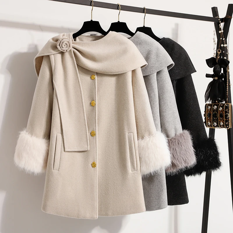 

Корейское шерстяное пальто больших размеров для женщин, двустороннее твидовое пальто в стиле французского шик, верхняя одежда для дам