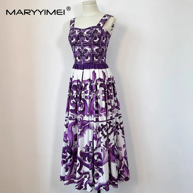 MARYYIMEI 우아한 세련된 여름 드레스 스파게티 스트랩 백리스 하이 웨이스트 퍼플 프린트 캐주얼 홀리데이 코튼 드레스