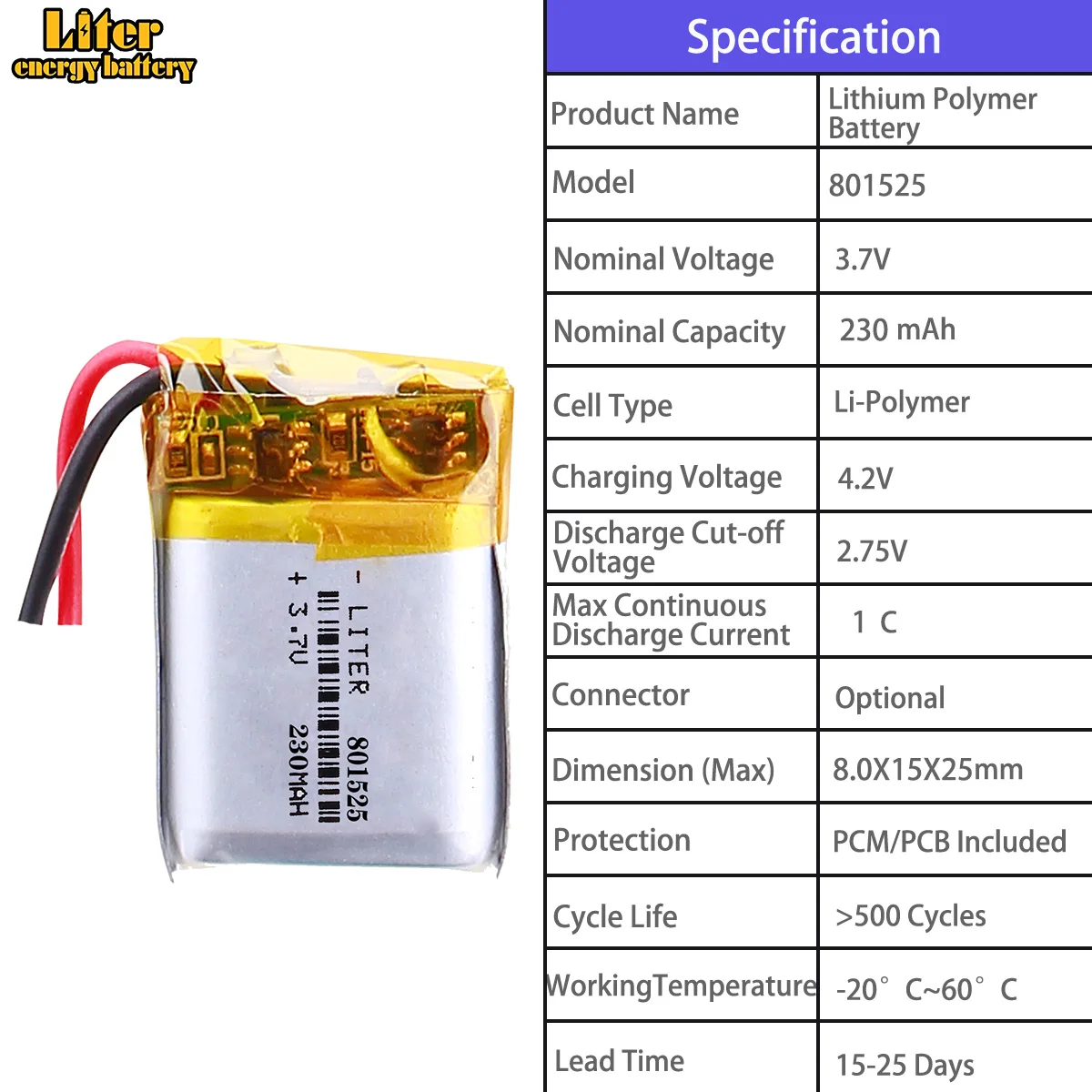 801350 520mah 801525 230mah 801735 400mah 802020 250mah 802025 300mah 3.7V polymer lithium battery