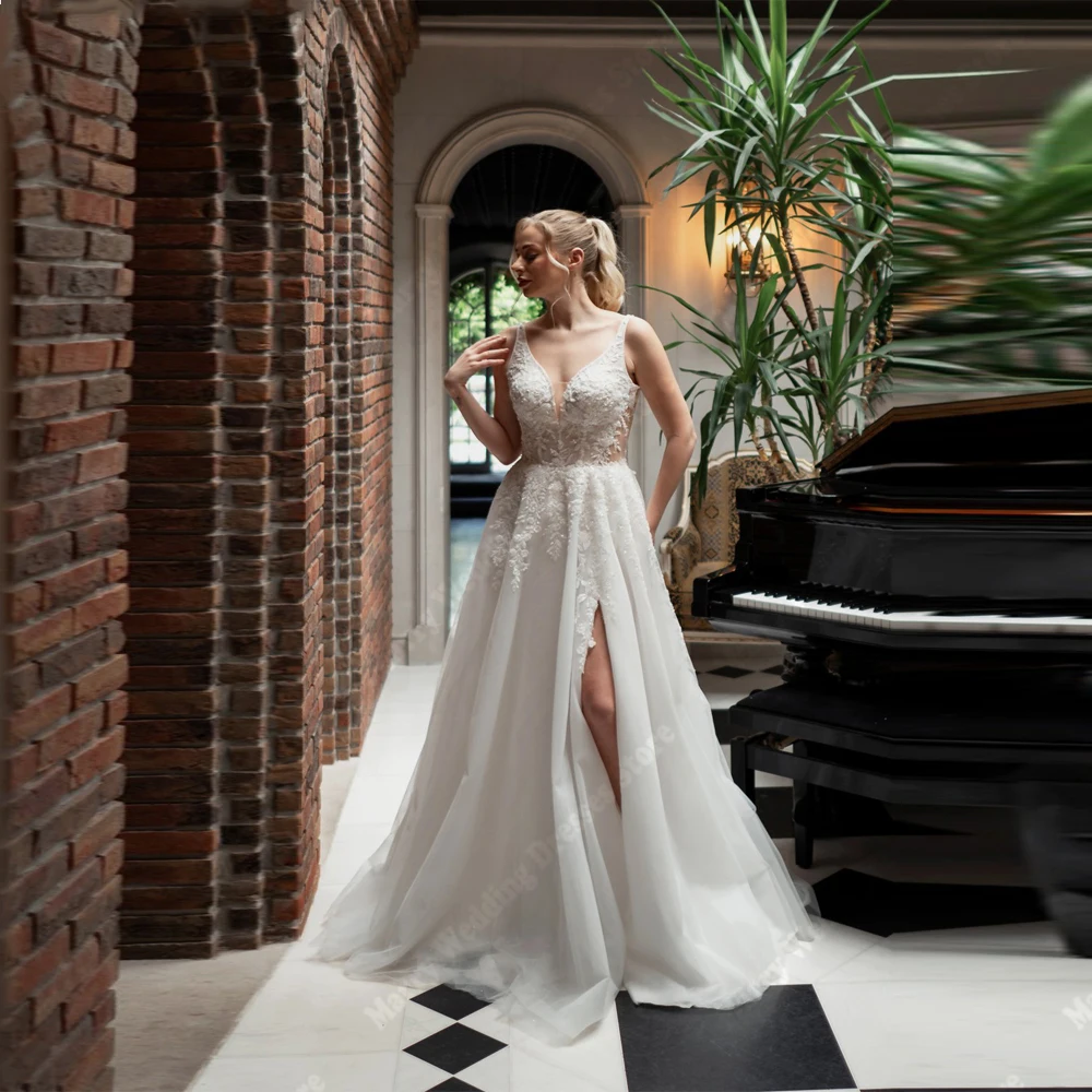 

Elegant A-Line Tulle Wedding Dresses Sexy Deep-V Neck Sleeveless Bride Gown Princess Vestidos De Noiva For Women Customized 2026