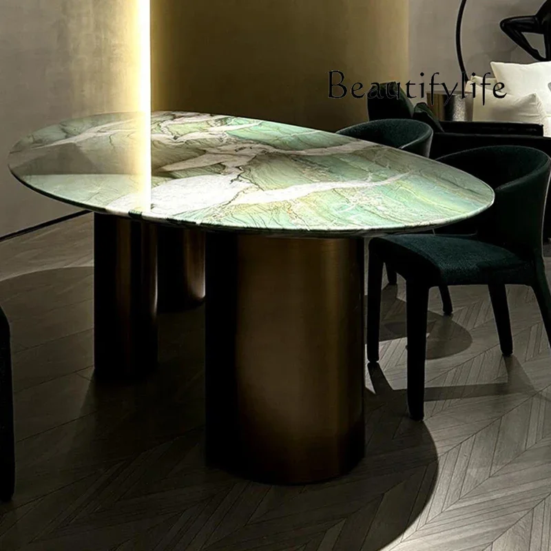 N36 Natural Patek Jade green luxury stone dining table large apartment water drop marble dining table and chair combination