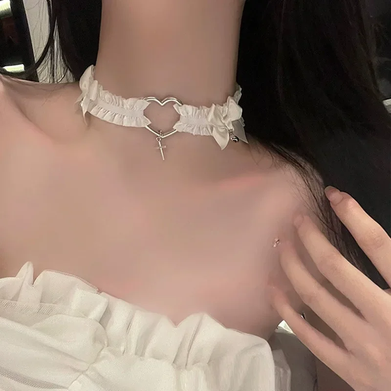 Punk Sex appeal Cute Maid Harajuku Simple Originality Heart-shaped Lace Peach heart Elastic force Adjustable Choker Accessory