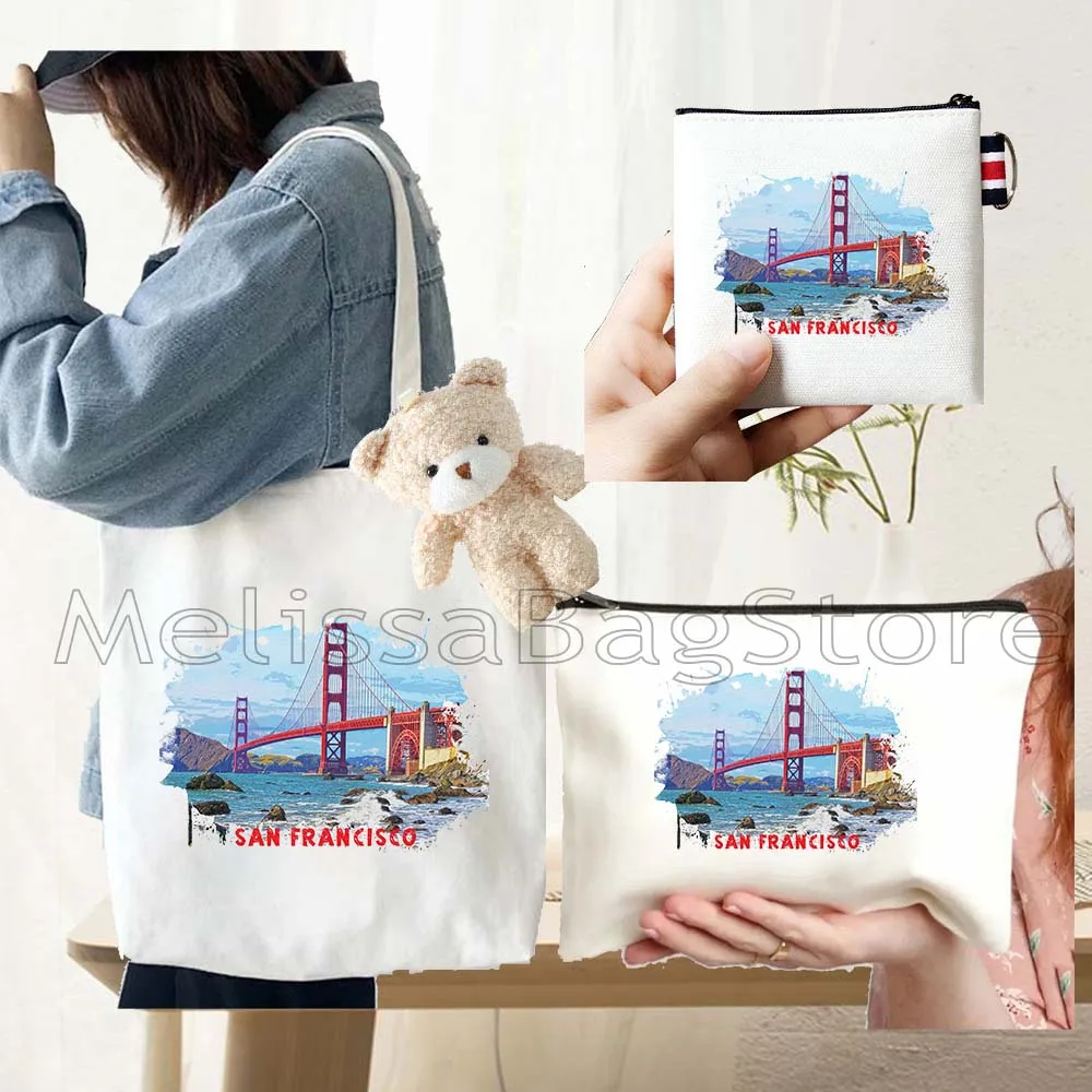 4PCS Gifts Set San Francisco White Canvas Tote Bag Handbag with Doll Key Coin Purse Cosmetic Makeup Toilet Bag Case Pouch