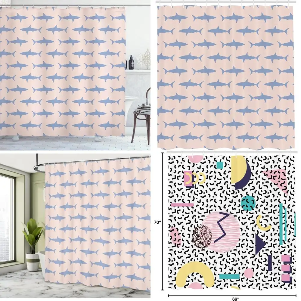 

ocean creatures shower curtain: majestic sharks in horizontal poses, exuding strength and wild essence in fabric bathroom decor