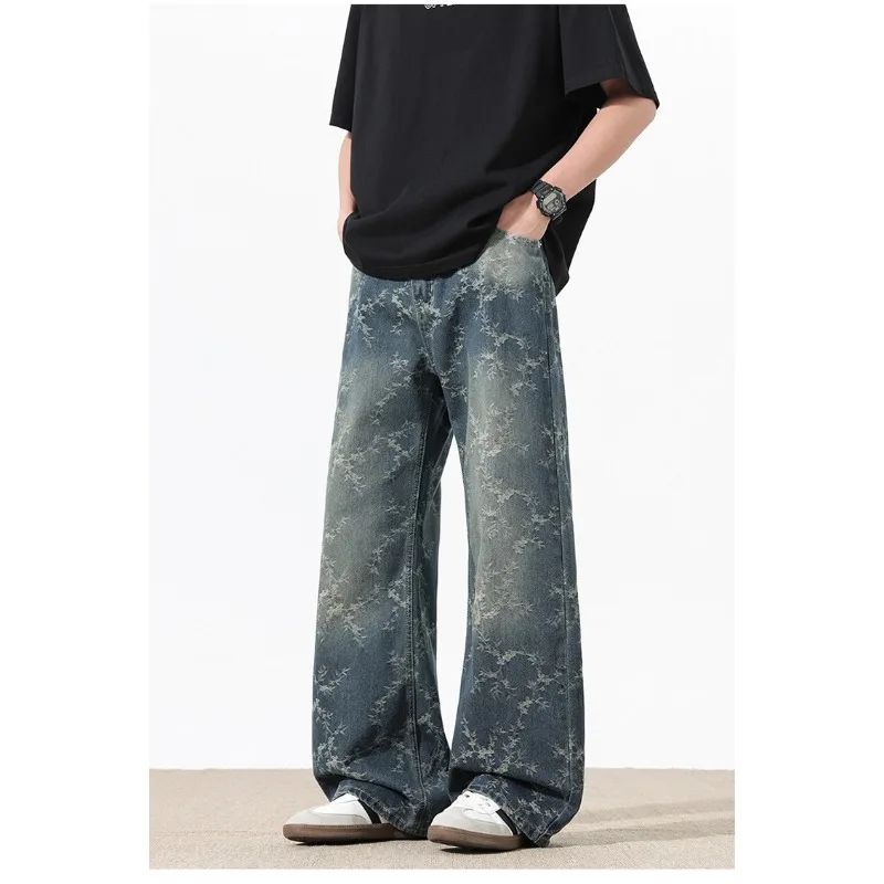 Men Vintage Jacquard Black Wide Leg Jeans American High Street Loose Draped Straight Denim Pants For Male Street Wear