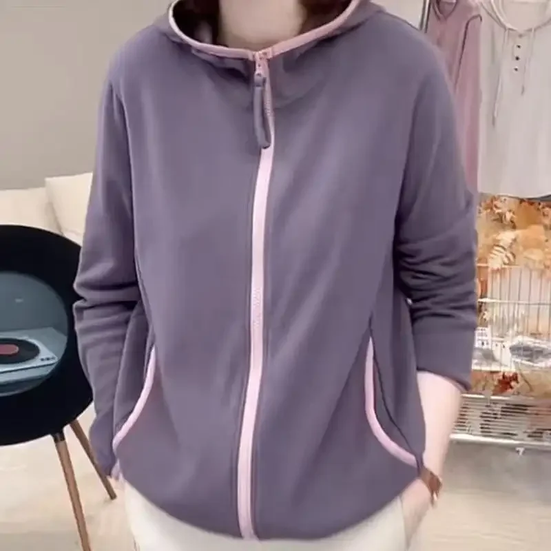 Sudadera con capucha y cremallera para mujer, informal, holgada, de Color sólido, con bolsillo y detalles de ribete rosa, para primavera y otoño
