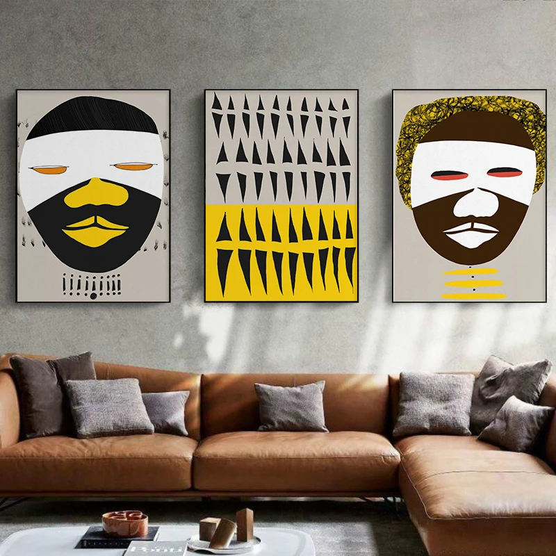Abstract Image African Mask Wall Print, Set of Three Canvas, Ethno Wall Art Print, Contemporary Minimalist Home and Office Decor