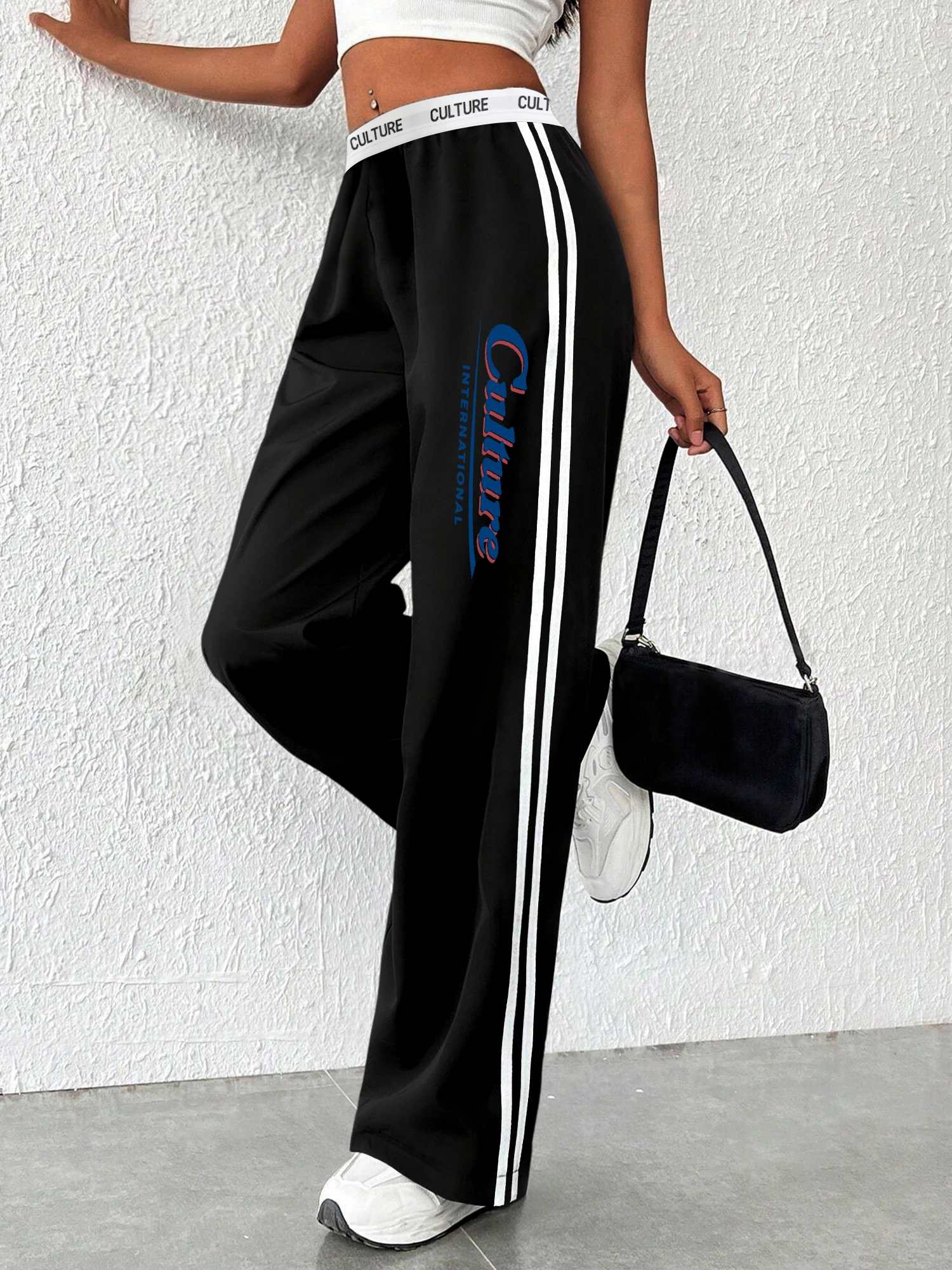

Culture International Letter Print Women's Pants Elastic Waist White Striped Wide Leg Casual Streetwear Trousers