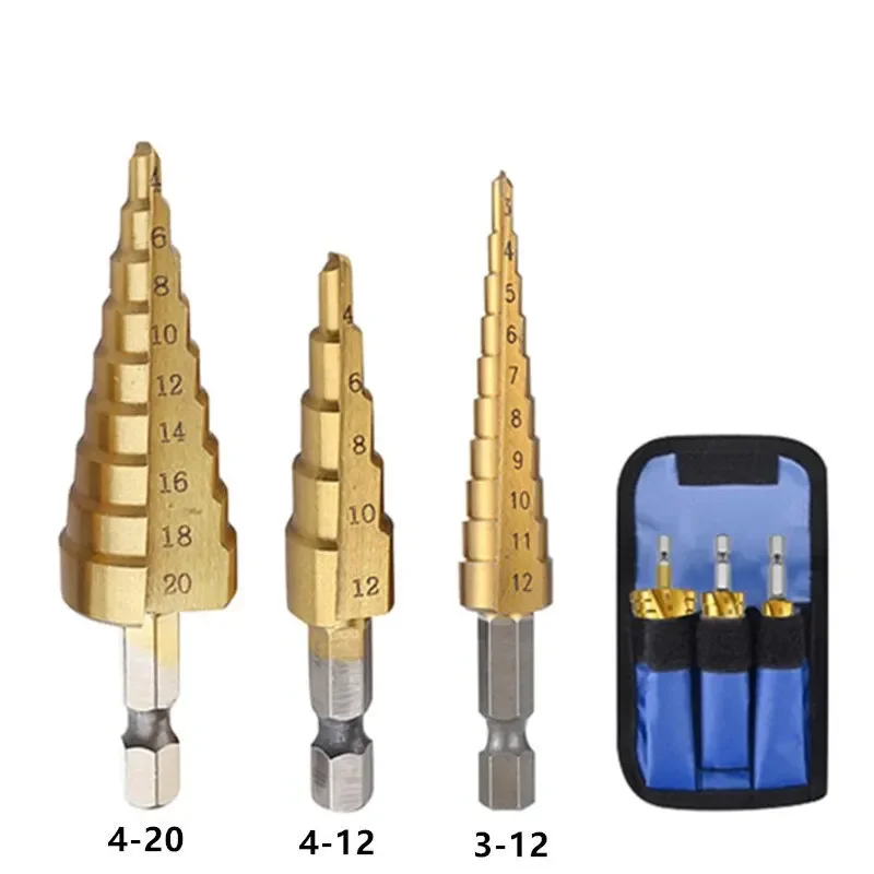 HSS Straight Fluted Pagoda Step Drill, Hex Shank Reamer Bit Set, Titanium Coated, Wood Metal Hole, 3-12, 4 -12, 4-20mm, 3Pcs