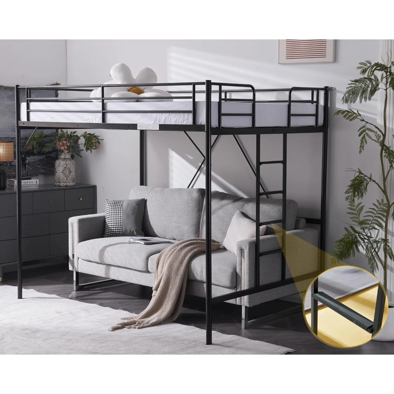 US Loft Bed Full Size with Flat Rungs for Adults, Kids and Young Teens, No Box Spring Required,Heavy Duty Metal Slat Support