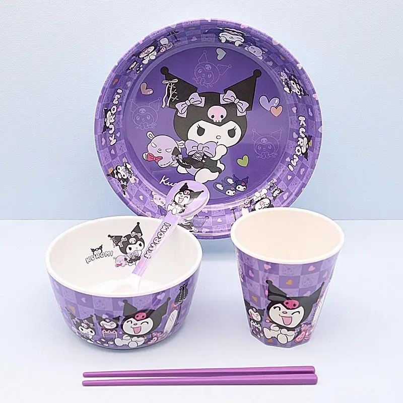 น่ารักการ์ตูน Sanrios Kuromi บนโต๊ะอาหารชามจานถ้วยตะเกียบช้อนชุดแฟชั่นเลียนแบบ Porcelain Tableware ดูดี