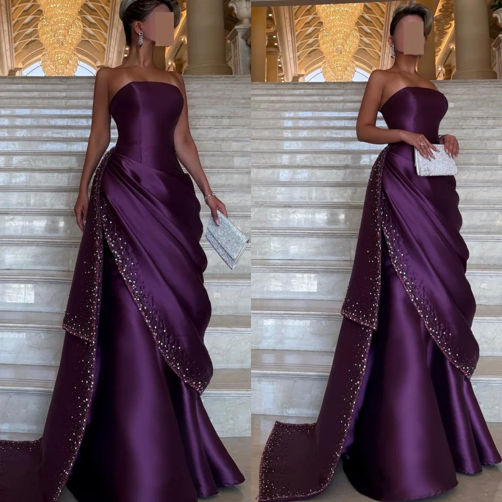 

Customized Exquisite Strapless Sleeveless Evening Dress High Quality Satin Prom Dresses Delicate Crystal Bridal Party Gowns