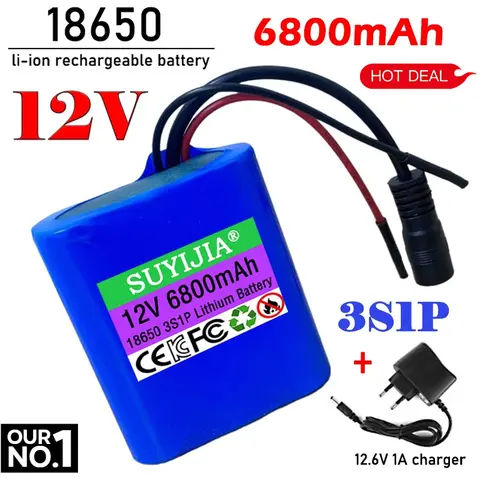 100% Original 3S1P 12V 6800mAh Battery Pack with Protective Plate12V 6.8Ah 18650 Lithium DC 12.6V Rechargeable Battery+Charger