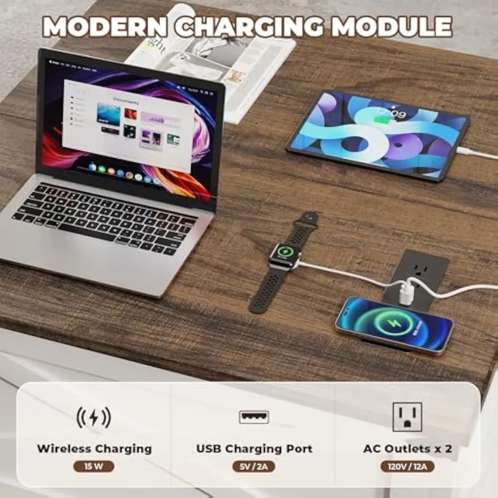 طاولة قهوة قابلة للرفع مع مساحة تخزين، طاولة قهوة مربعة لغرفة المعيشة مع شحن لاسلكي، طاولة قهوة للمزرعة