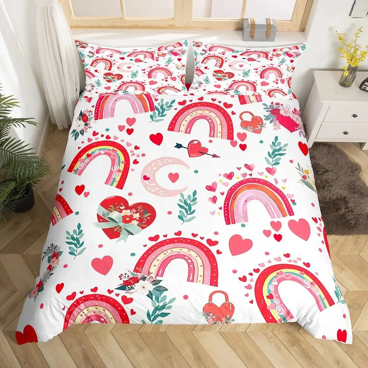 

Red Valentine's Day Rainbow Duvet Cover Twin Size,Cartoon Love Heart Bedding Set for Girls Women Moon Leaves Comforter Cover