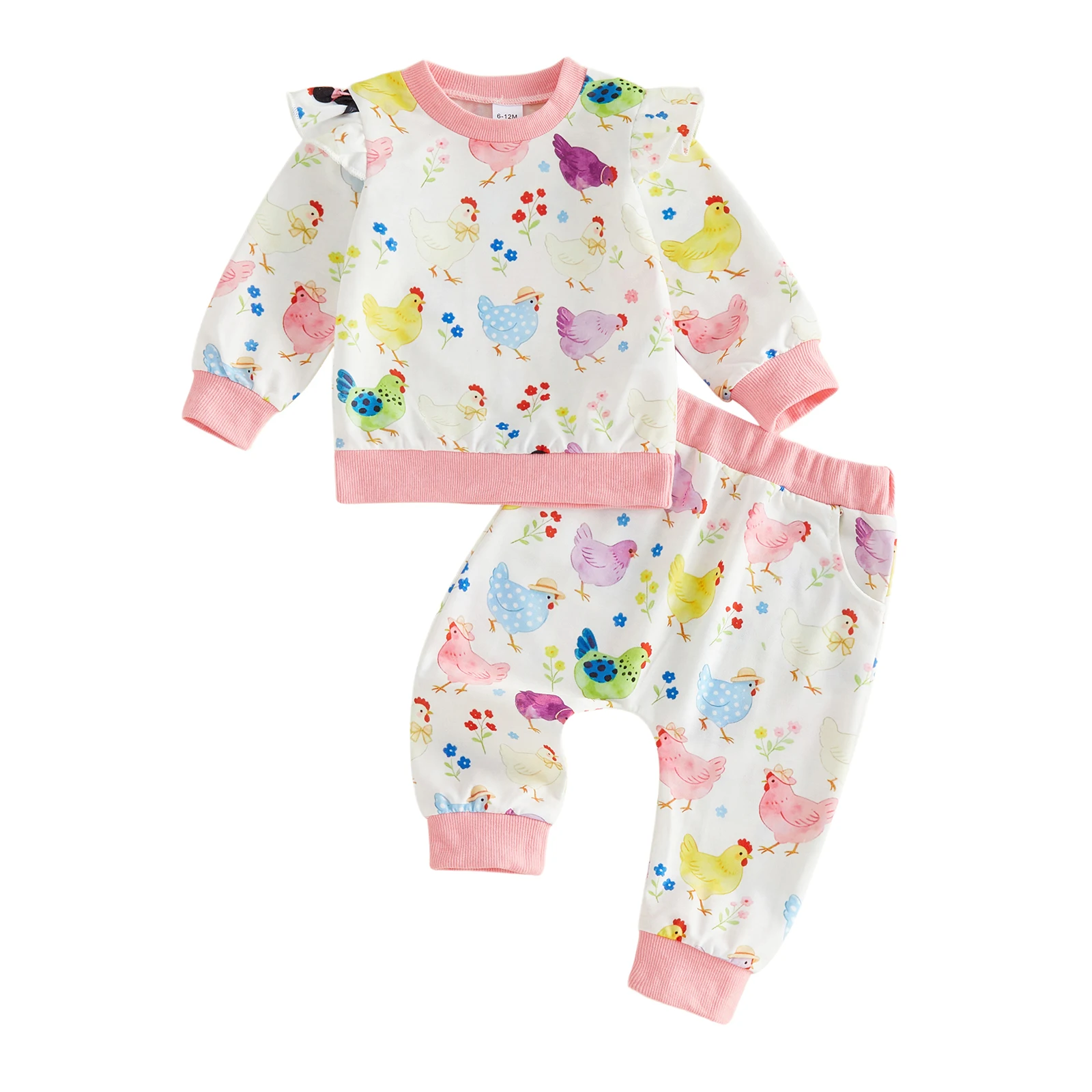 Toddler Girls Fall Outfits Chicken/Boot Print Ruffles Long Sleeve Sweatshirt and Elastic Pants Set 2 Piece Clothes