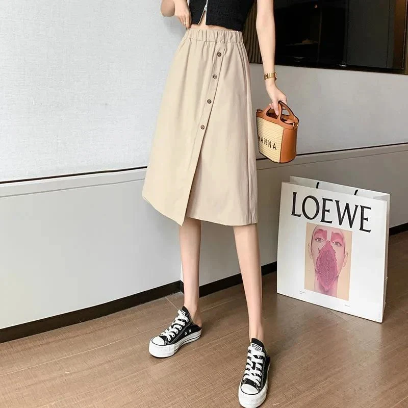 Women High Waist Irregular Knee Length Skirt Pants Office Lady's All-Match Loose Oversize Button Pockets Wide Leg Pants Elegant