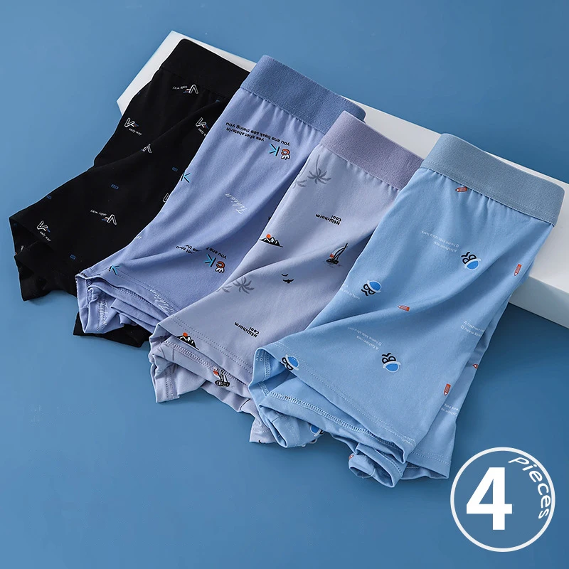 

Men's 4-Pack Polyester Boxer Briefs - Breathable, Comfortable with Cute Cartoon Letter Prints, Assorted Colors for All-Day Wear