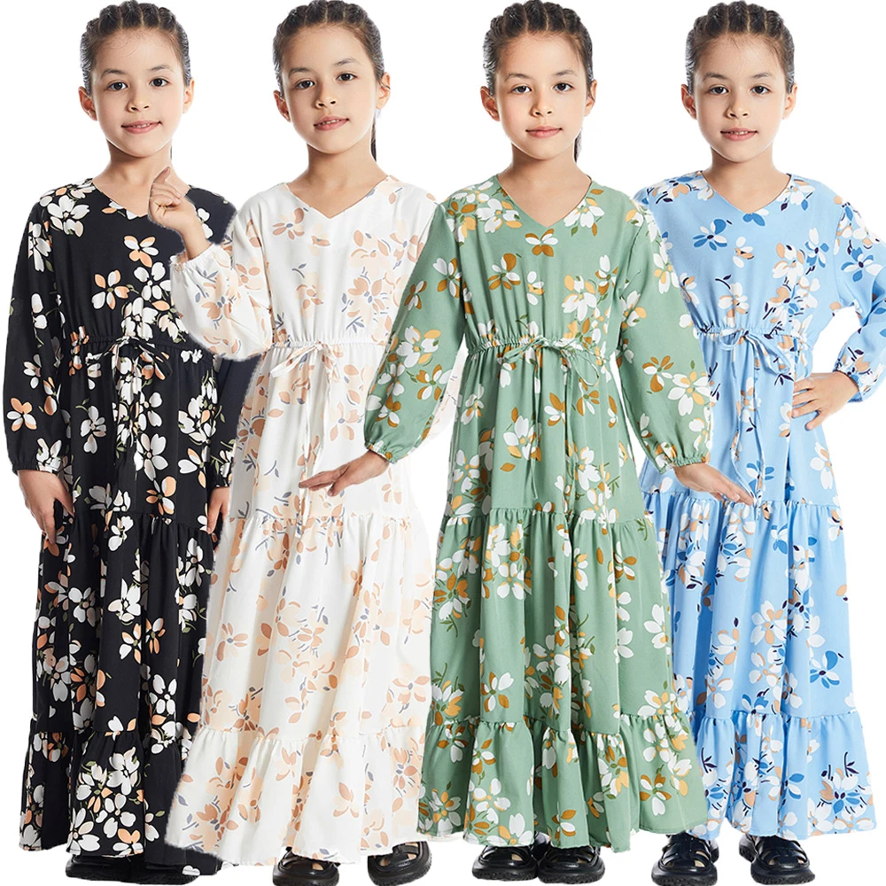 

Muslim Kids Girls Floral Print Long Sleeve Ruffles Maxi Dress Children Islamic Abaya Saudi Arabic Robe Dubai Turkish Kaftan Gown