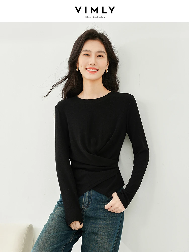 Vimly Autumn Black O-neck T-shirts Women's Pleated Irregular Long Sleeve Tops 2023 Fall Pullover Tshirt for Women Clothing M2522