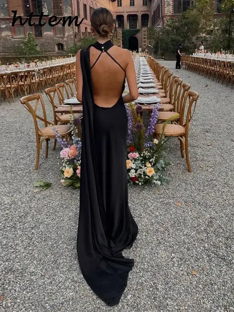 Robe de soirée longue en Satin avec ruban élégant pour femmes, couleur unie, sans manches, dos nu, robes de soirée chics, printemps été 2025