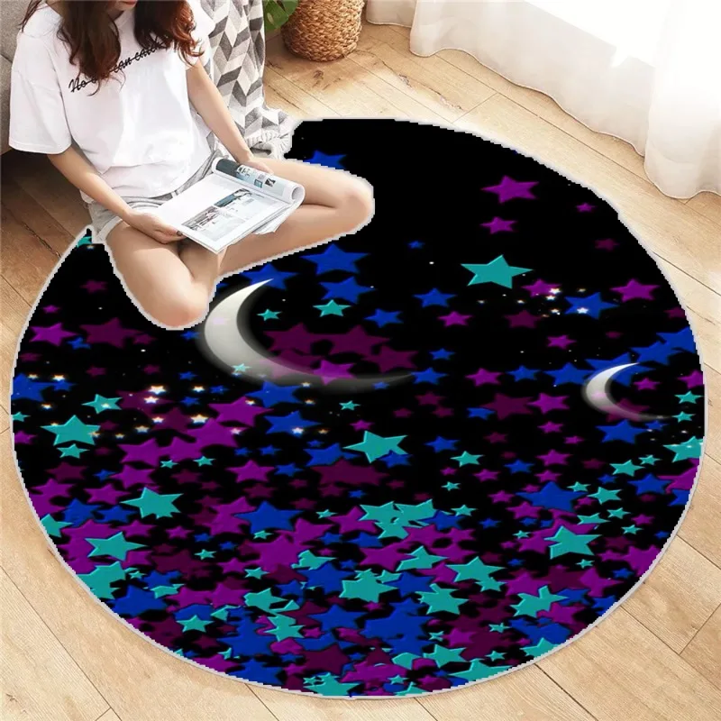 Starlit Sky Round Carpet Vintage Design Printed Living Room Bedroom Mat Washable Home Children's Bedroom Rug Black Decoration