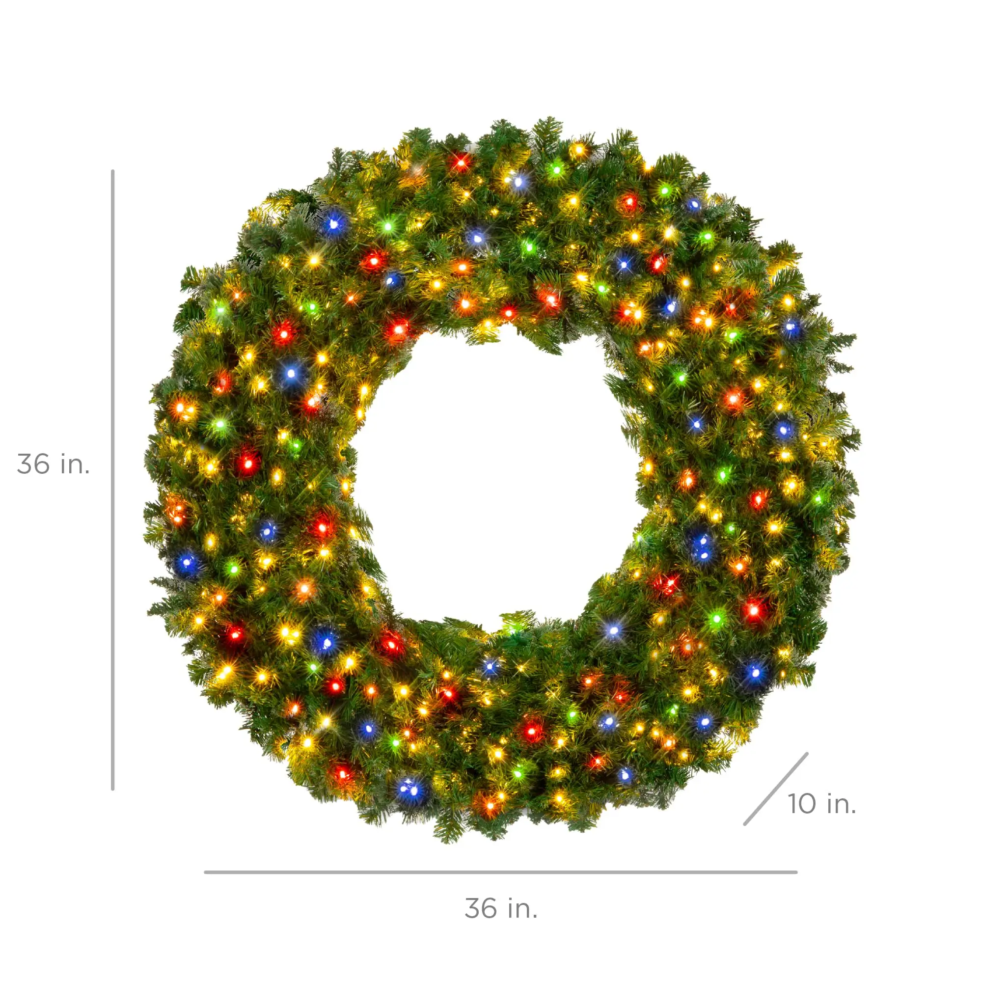 36in Large Artificial Pre-Lit Fir Christmas Wreath Holiday Accent Decoration w/ 150 Multicolor Lights, 300 PVC Tips