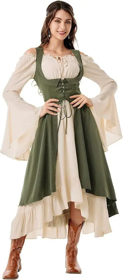 Vestido Medieval Renacentista para Mujer, Vestido Vintage de Pirata con Falda Asimétrica y Conjunto de Dos Piezas para Cosplay