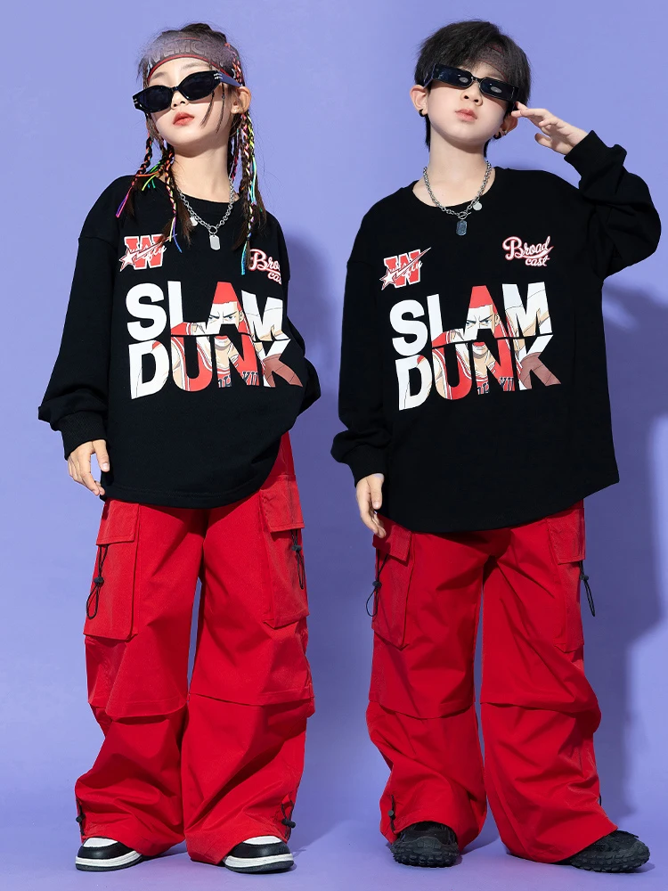 Trajes de baile moderno de Jazz para niños, Sudadera negra, pantalones Cargo rojos, traje para niñas, ropa de baile de Hip Hop para Rave, DQS14187, 2023