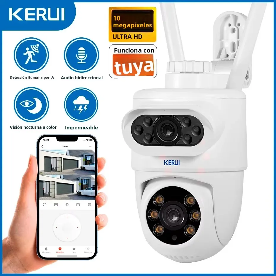 Cámara IP WiFi KERUI para Exteriores, 10MP, 5K HD, Doble Lente, PTZ, Inalámbrica, Seguridad para el Hogar, CCTV, Videovigilancia, Detección Humana, Compatible con Tuya