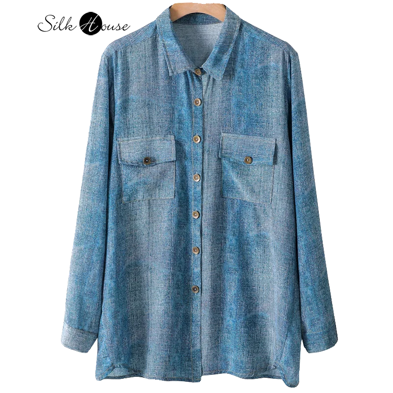 

2024 Women's Spring New 100%Natural Mulberry Silk Crepe De Chine Denim Print Long Sleeved Double Pocket Casual Shirt