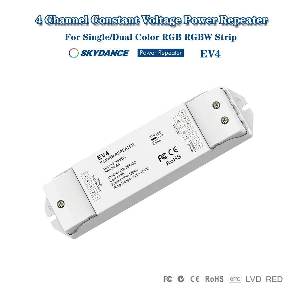 

Skydance EV4 DC12-36V 4CH*5A 4In1 Power Repeater Single/Dual Color RGB RGBW Signal Amplifier For Controller/Strip/Module