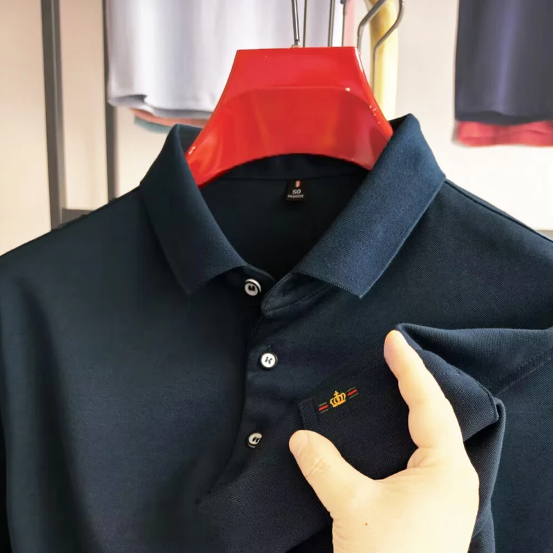 الراقية الاتجاه العلامة التجارية الرجال قميص بولو طويل الأكمام بسيط بلون الجلد ودية الراحة تاج مطرزة جيب تي شيرت جديد #2