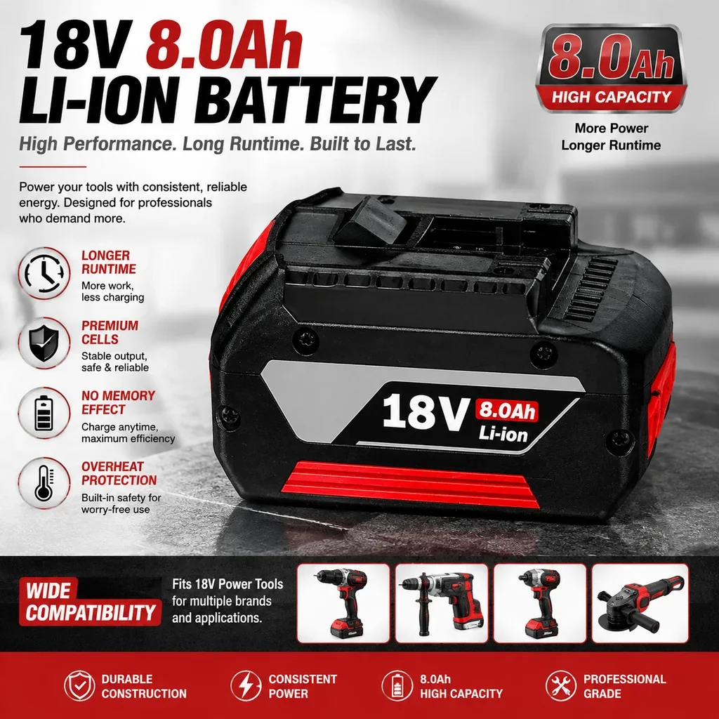 Batteria di ricambio agli ioni di litio da 18 V e 8,0 Ah, compatibile con gli utensili elettrici a batteria Bosch da 18 V, pacco batteria ricaricabile ad alta capacità con sistema di protezione