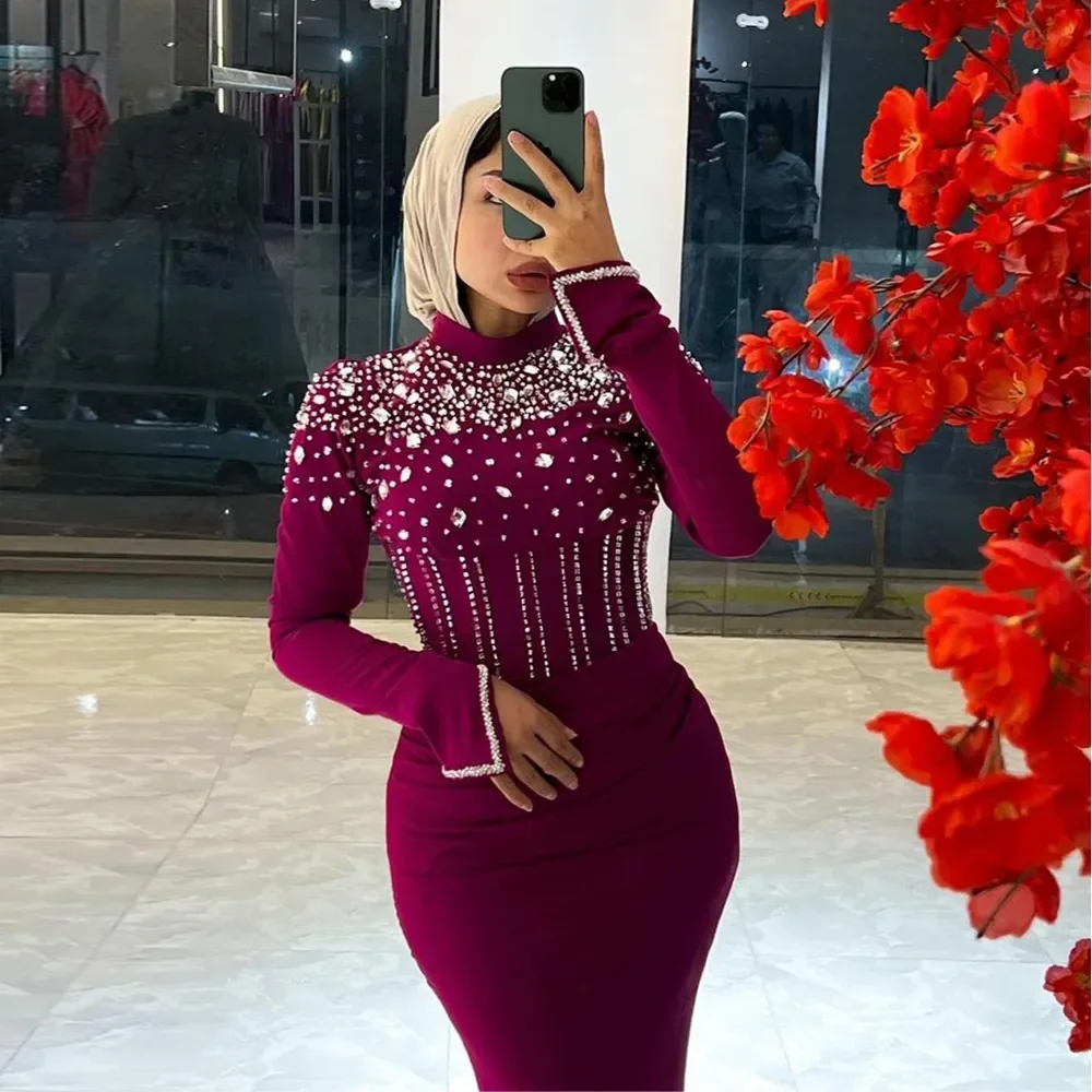 

Customized Crystal Muslim Evening Dresses High Neck Long Sleeve 2025 Arabic Dubai Formal Gown Pleat Satin Mermaid Prom Dress