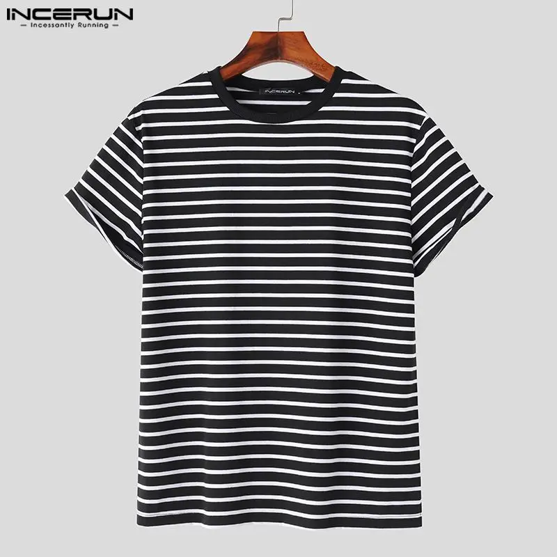 Casual Simple Style Tops INCERUN Men\'s O-neck Striped Shoulder Loose T-shirts Handsome Male Elastic Short Sleeved Camiseta S-5XL