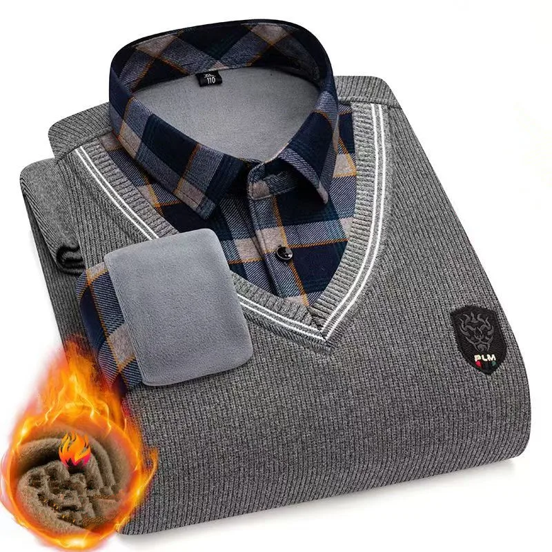 2025 Winter and autumn fleece-lined warm pullover men's fashionable, individualistic, slim-fit business-style sweater L-4XL