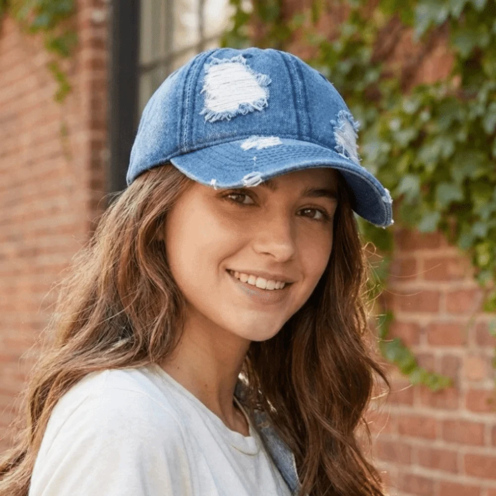 Versatile Ripped Washed Denim Baseball Cap Frayed Soft Top Duckbill Cap Plain Panel Distressed Sun Hat Travel