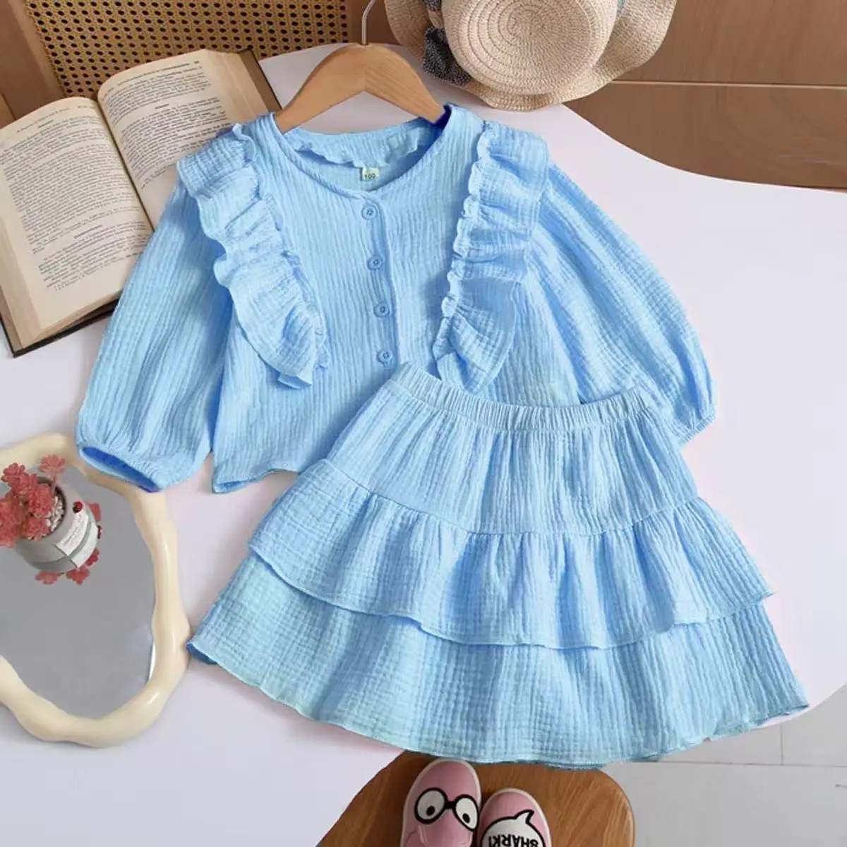 Trendy Russian Style Girls 2 Pcs Outfit Spring Autumn Cotton Flutter Sleeve Shirt Ruffle Hem Skirt British Style Two Piece Set