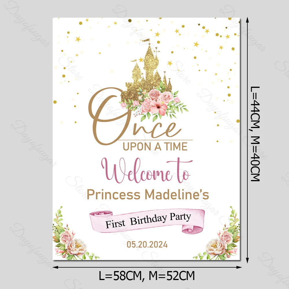 Once Upon A Time Baby Shower Welcome Sign Board Flowers Gold Castle Princess Custom Welcome Sign for Birthday Party Decor Supply