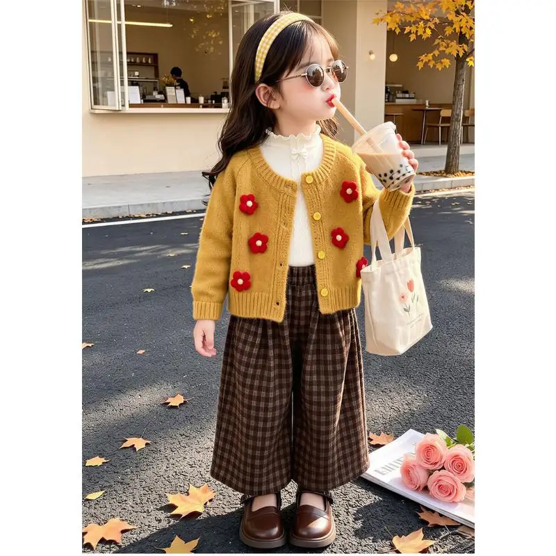 Girls Sweater Cardigan Wide Leg Pants Set Girls Autumn Winter New Knitted Jacket Checkered Straight Leg Pants Two-Piece Set