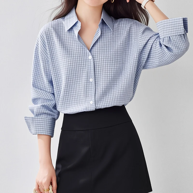 

Элегантные полосатые рубашки для женщин 2026: весенне-осенние офисные блузки с длинным рукавом, свободные повседневные топы для деловых женщин