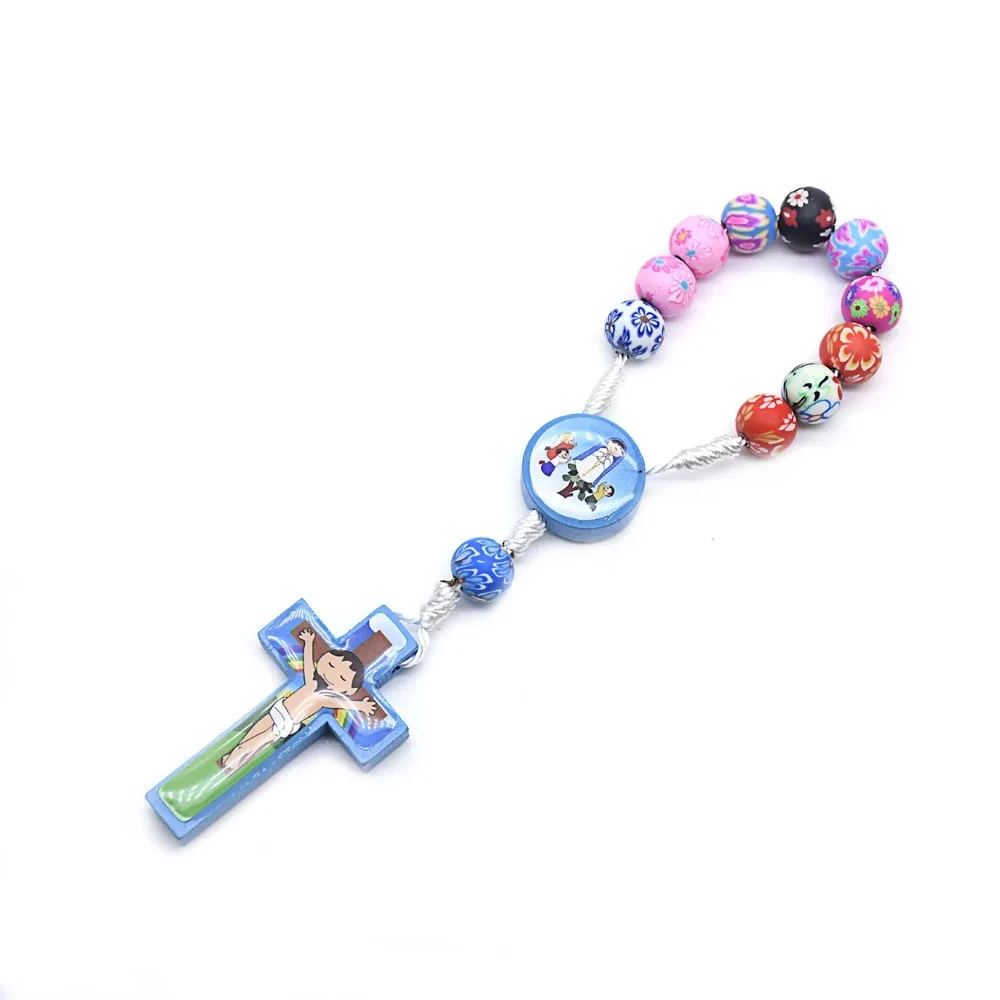 CR032 Colorful Clay Beads Cartoon Children\'s Cross Rosary Necklace Jewelry Catholic Holy Christ Cross Prayer Beads